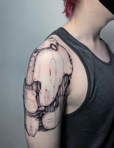 Biomechanical shoulder tattoo by Eddie Bird @eddiexbird