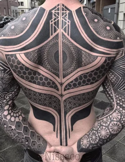 Geometric bodysuit tattoo by Nissaco @nissaco