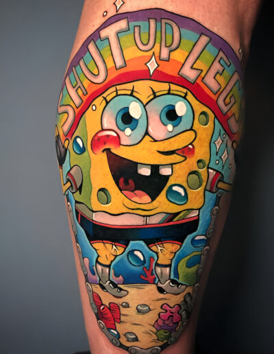 Sponge Bob With Muscly Legs Telling Them to Shut Up via Tattoo Wizard