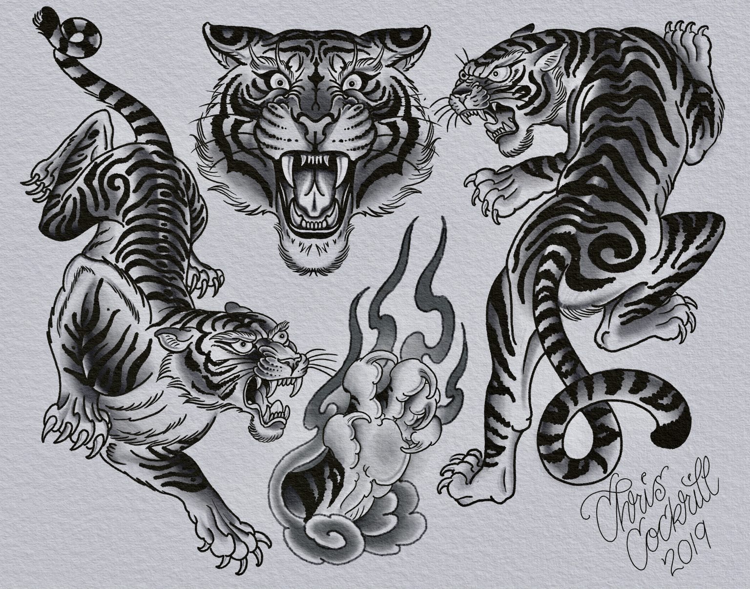 Tiger tattoo flash by Chris Cockrill, 2019