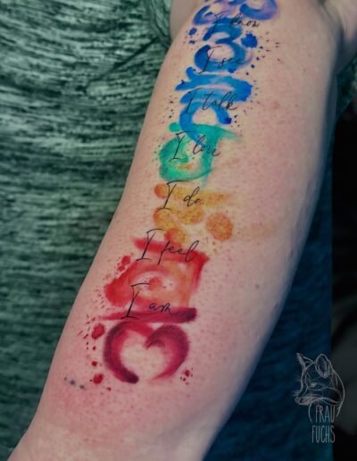 Watercolour tattoo of chakras by Frau Fuchs Tätowierkunst