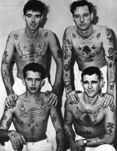 Sailors tattoos: 4 Cooks from HMS Belfast showing off their tattoos, 1961. Hulton Archive. Central Press, Stringer.