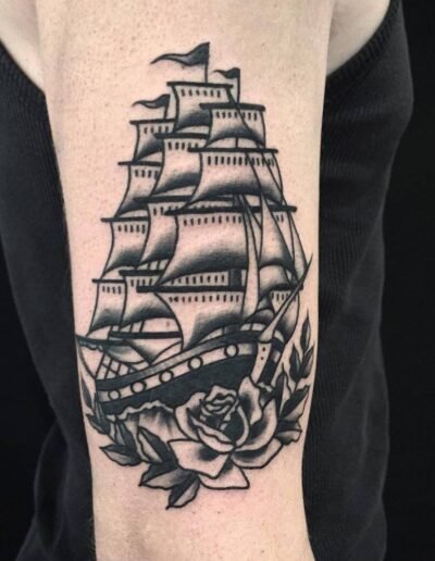 American traditional tall ship tattoo by Anem @anem_illus