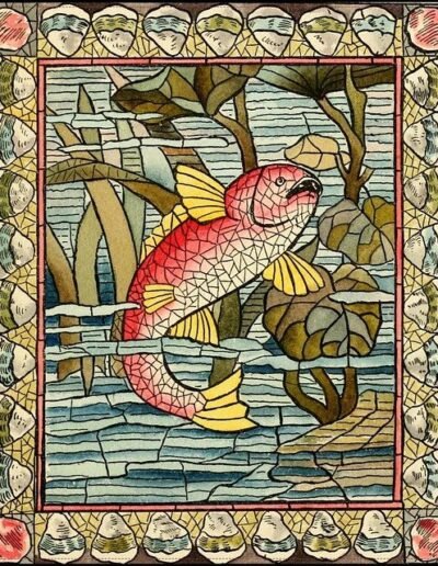 Aquatic screen design with jumping salmon, Belcher Mosaic Glass Company (circa 1886)