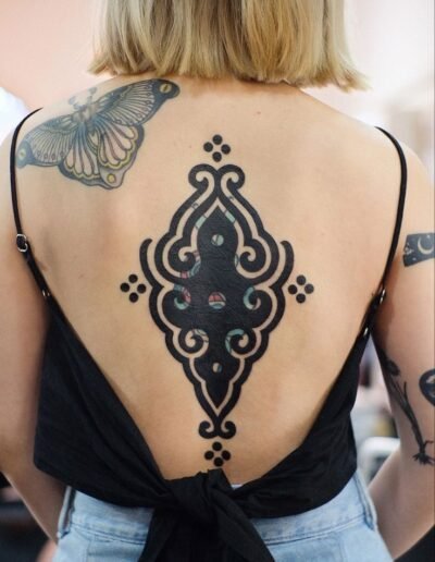 Blackwork ornamental back tattoo by Pavel Melnikov aka Sadhakaya @sadhakaya
