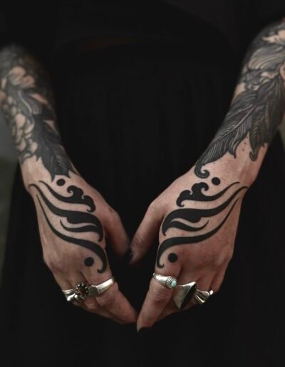 Blackwork ornamental hand tattoos by @gaya_tree_