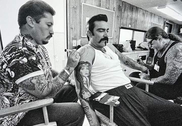 Blood In Blood Out-Tattoo Artist Freddy Negrete and Magic Mike in the makeup trailer at San Quentin 1991