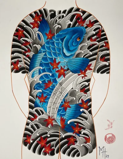 Blue koi tattoo design by Marco from Red Crowned Tattoo Studio | redcrownedirezumi.com