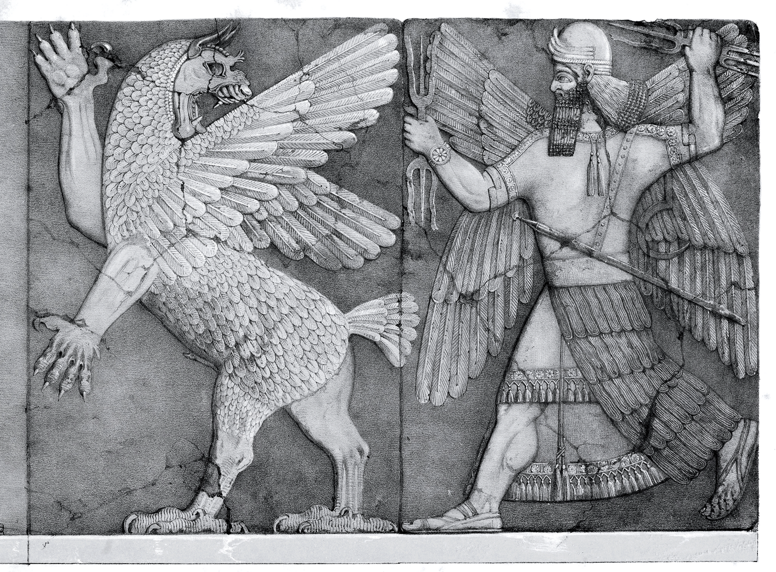 Mesopotamian god Ninurta (with thunderbolts) battles the lion-headed eagle, Anzu; often associated with battle of Marduk vs Tiamat - story from Enūma Eliš (via Wikimedia Commons)