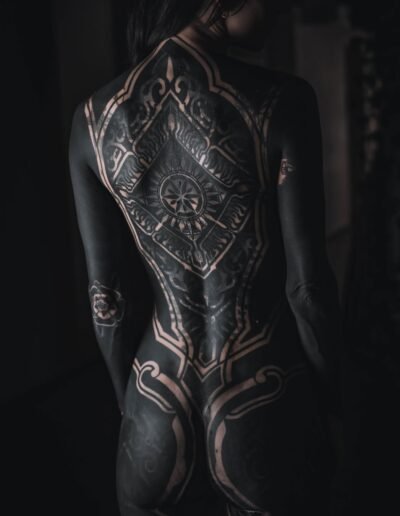 Dark ornamental blackwork body suit tattoo by Eddie Rise @eddie.rise