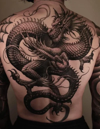 Black-and-gray fantasy dragon tattoo by TAESIN @taesin___