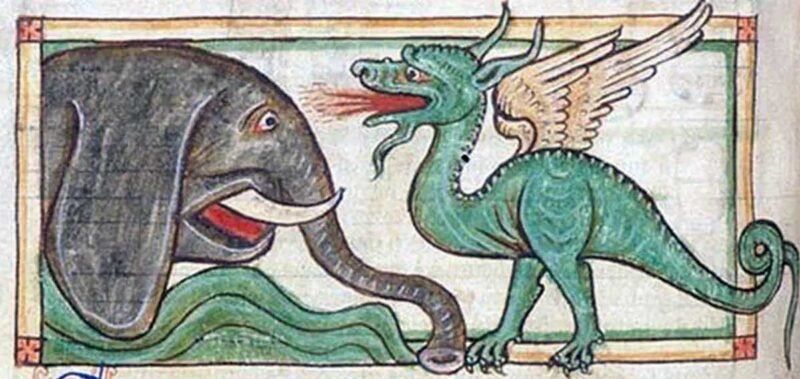 Elephant and dragon, from Harley MS 3244, c. 1236-1250. British Library, London
