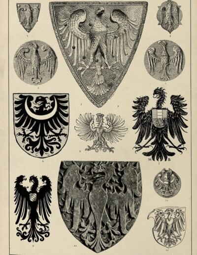 Examples of heraldic eagles of the 13th to 16th centuries by Hugo Gerard Ströhl in Hugo Gerard Ströhl's Heraldischer Atlas, 1899.