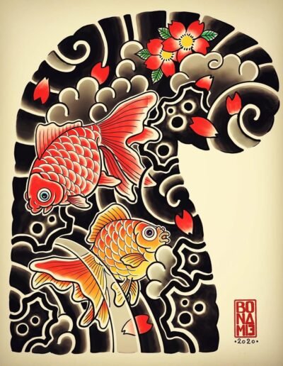 Japanese koi fish, kingyo, irezumi tattoo design by Bonamie @bonamie.inkglorious