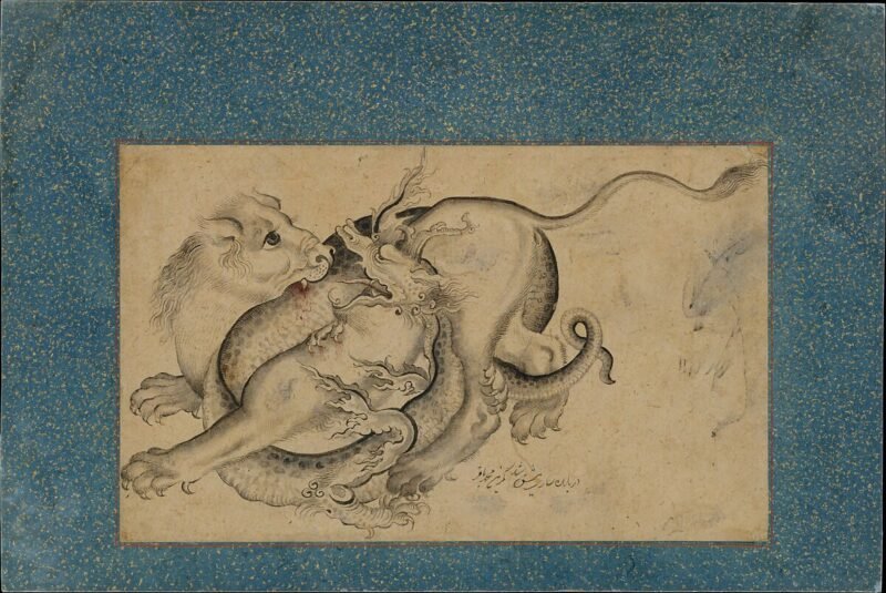 Lion and Dragon in Combat by Muhammad Baqir (18th century) Iran. Rogers Fund, 1974. The Met Collection