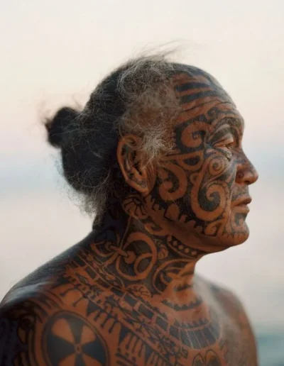 Man with traditional tattoos on Rangiroa Island, Tahiti, photo by Martin Morrell, via Wikimedia Commons