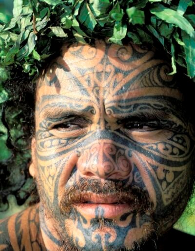 A man with a Marquesan tattoo, French Polynesia, Tahiti, photo by Sylvain Grandadam, via Univers Voyage (universvoyage.com)