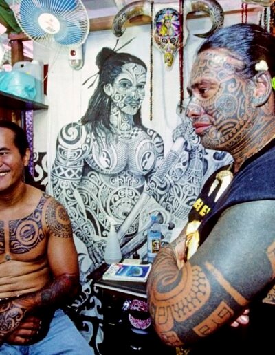 Men with Marquesan tattoos in a tattoo studio, French Polynesia, photo by Sylvain Grandadam, via Univers Voyage (universvoyage.com)
