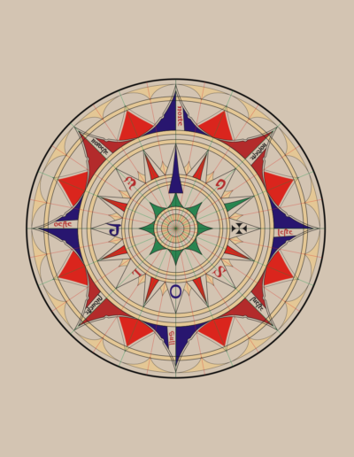 More ornate compass rose, with letters of traditional winds, a cross pattée (referring to Jerusalem) for east, and a compass needle as north mark, from a nautical chart by Jorge de Aguiar (1492)
