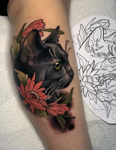 Neo-traditional cat tattoo (artist unknown) from Cloak and Dagger Studio @cloakanddaggerlondon