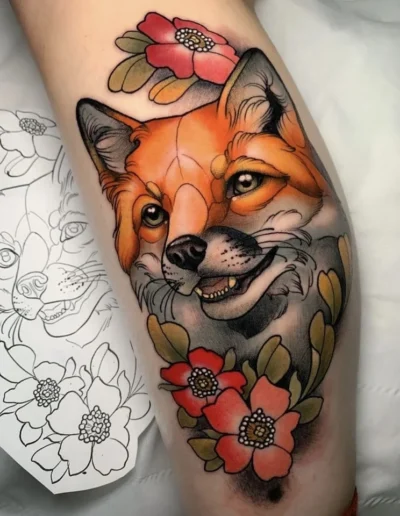 Neo-traditional fox tattoo (artist unknown) from Cloak and Dagger Studio @cloakanddaggerlondon