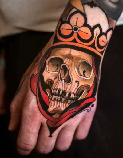 Neo-traditional skull tattoo by Chris Green @imchrisgreen