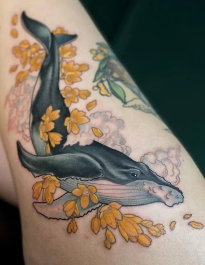 Neo-traditional whale tattoo by Jen Tonic @jentonic