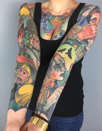 New school sleeve tattoo by Lehel Nyeste @lehelperspektiv