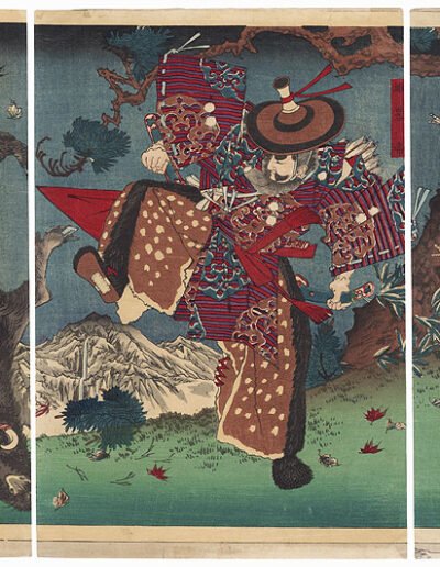 Original Yoshitoshi (1839 - 1892) Japanese Woodblock Print Emperor Yuyaku Killing a Giant Boar (1879) by Yoshitoshi. Private Collection