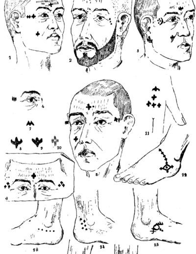 Ornamental and curative tattoos on the faces of Tunisian soldiers (Dr. Louis Carton, 1909)