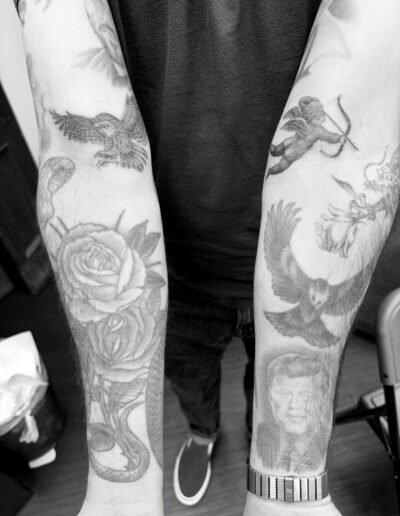 Owl and cherub tattoos by Mark Mahoney @markmahoney_ssc
