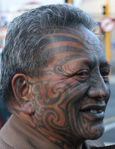 Portrait of Tame Iti taken on 13 October 2009 on the street outside the Thistle Hall, Wellington by Stuartyeates at English Wikipedia
