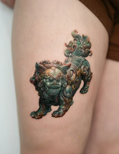 Realistic foo dog sculpture tattoo by Nonlee @non_lee_ink