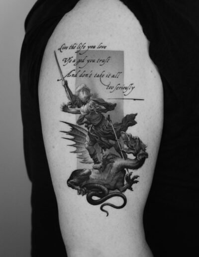 Saint George and the Dragon tattoo of a dog statue by Paweł Indulski @pawelindulski