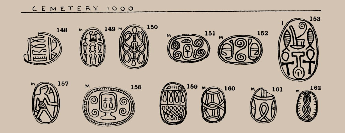 Findings from the cemetery 1000 - scarabs with fish silhouettes, Sir Flinders Petrie, Ancient Gaza, Volume 2 Cambridge University Press, 2013.