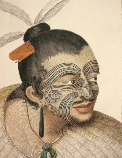 Sketch of a Māori chief with tā moko, 1773 engraving by T. Chambers based on a 1769 drawing by Sydney Parkinson, from the 1784 edition of A Journal of a Voyage to the South Seas
