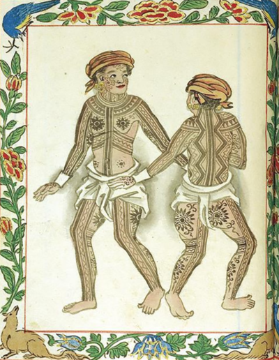 Filipino tattooing: Spanish depiction of the tattoos of the Visayan Pintados (the painted ones) of the Philippines in the Boxer Codex (c. 1590)