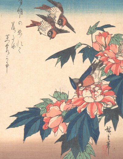 Swallows and Kingfisher with Rose Mallows (with haiku) by Utagawa Hiroshige, Edo period, ca. 1838, Japan. The Met Collection