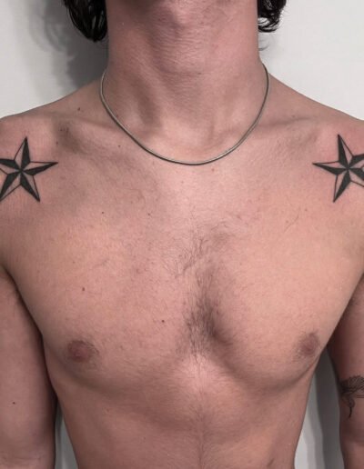 Symmetrical nautical stars tattoos by Benjamin @ben.pokes