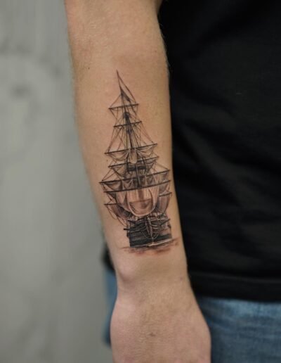 Tall ship tattoo by Izzy @izzy___ink