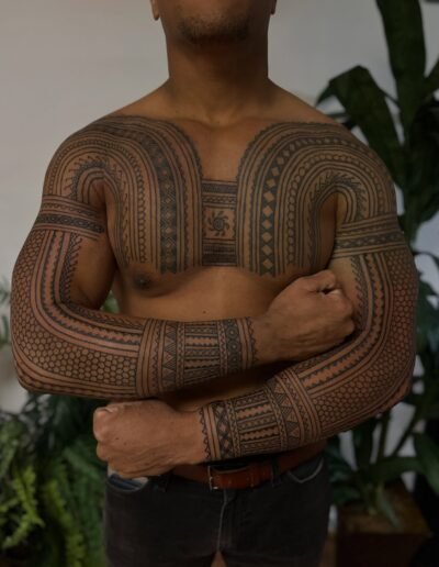 Filipino tattooing: Tatak (batok) chest and sleeves tattoo by Ayla Roda @tatakbyayla