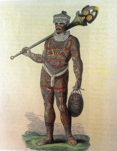 Tattooed Marquesan Warrior - Engraving of Noukahiwa in N. Dally's Customs and Costumes of the Peoples of the World, Turin, 1845. Musée des Arts Décoratifs, Paris.