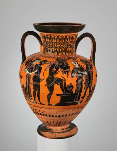 Terracotta neck-amphora (jar) - Herakles bringing the Erymanthian Boar to King Eurystheus (ca. 520 BCE) Greek, Attic. The Met Collection