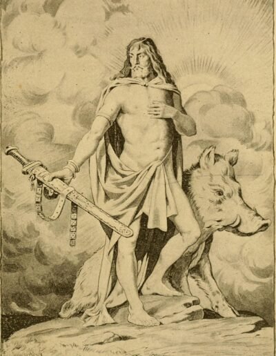 Freyr riding Gullinbursti (published in 1865) from A. Murray's Manual of Mythology - Greek and Roman, Norse, and Old German, Hindoo and Egyptian Mythology. London, Asher and Co.