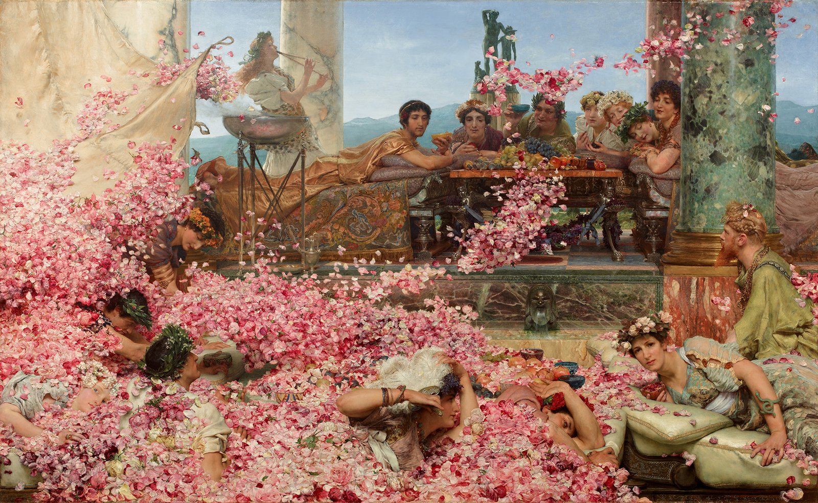 The Roses of Heliogabalus (1888) by Lawrence Alma-Tadema depicting the young Roman emperor Elagabalus (203–222 AD) hosting a banquet, Public Domain.