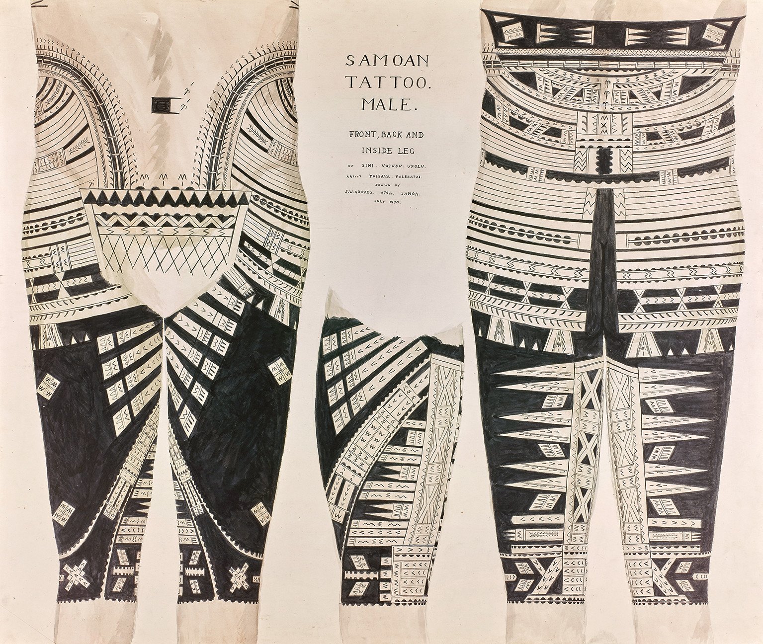 The tatau of Simi from Vaiusu, Upolu, by Tuisava of Falelatai. Drawn by Jack W. Groves, July 1950, Apia, Sāmoa. © The Trustees of The British Museum