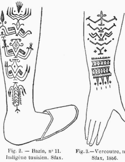 Tunisian tattoo possibly representing the goddess of fertility, protector of cities and houses, Tanit (Philippe Berger, 1893)