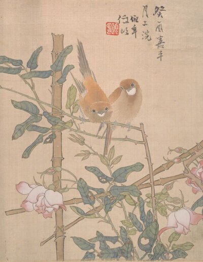 Two Birds Perched on a Flowering Rose Bush by Ren Yi (Ren Bonian), Qing dynasty (1644–1911), China, The Met Collection