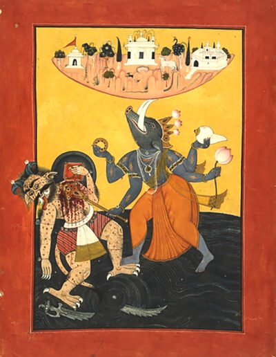 Varaha (in the form of a boar) killing Hiranyaksha and saving Bhumi, 1740 CE, Chamba painting. British Museum
