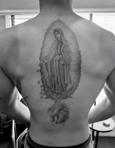 Virgin Mary tattoo by Mark Mahoney @markmahoney_ssc